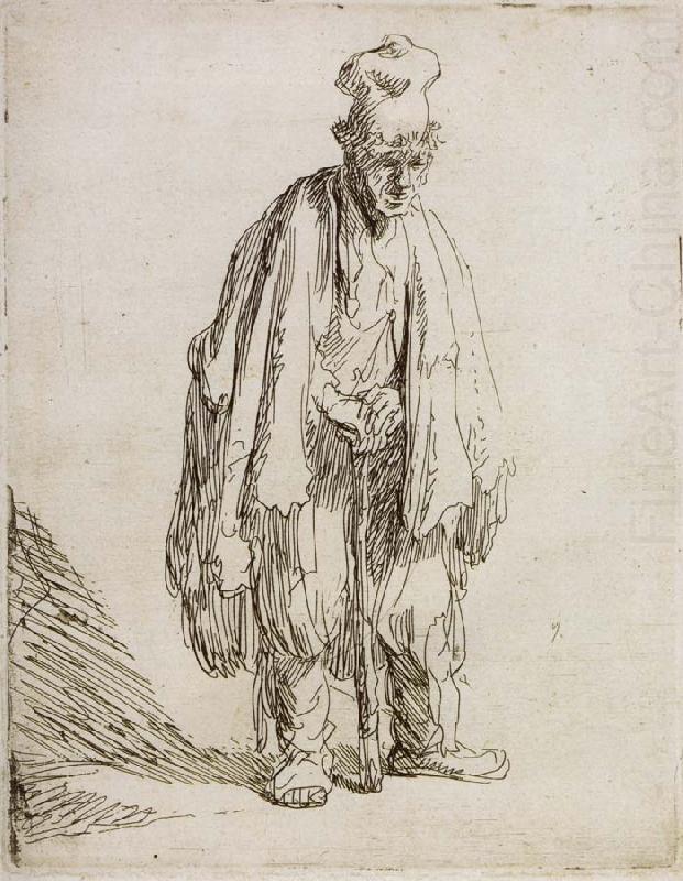 Beggar in a high cap,Standing and Leaning on a stick, REMBRANDT Harmenszoon van Rijn